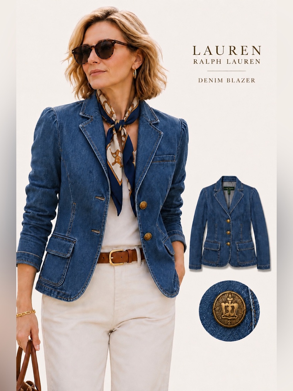 Lauren Ralph Lauren Denim Blazer Size 10 Preppy Academia Crest Button Jacket